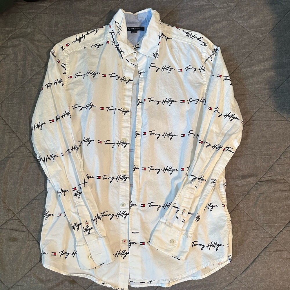 Large, white Tommy Hilfiger button-up shirt